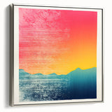 Landscape art painting of Tahiti with palm trees and ocean, in colorful palette on silver-framed canvas.