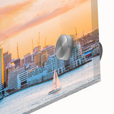 Large abstract wall art of Auckland scenery in mid-century modernist style, rendered in acrylic glass.