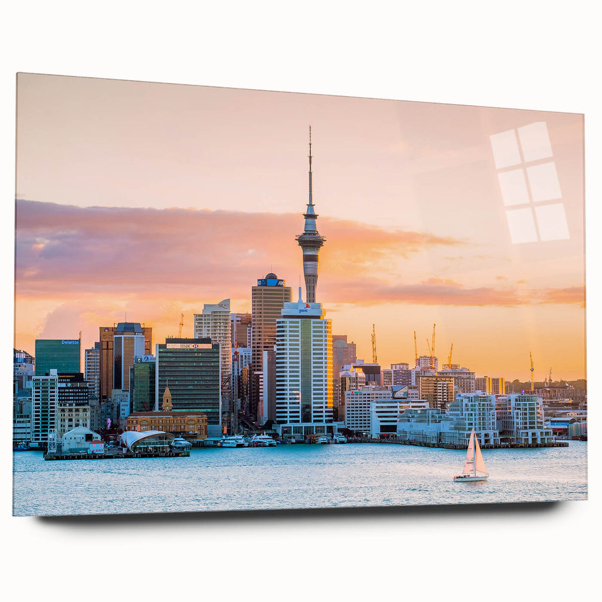 Acrylic print of Auckland skyline in muted blue and gray tones, suitable for bedroom or dining room decor.