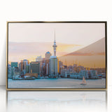 Mid-century modernist art of Auckland skyline in muted gold tones on a framed acrylic, ideal for modern art wall decor.