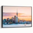 Black and white framed canvas of Auckland's landscape, ideal for bedroom wall art.