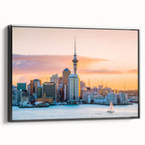 Black and white framed canvas of Auckland's landscape, ideal for bedroom wall art.