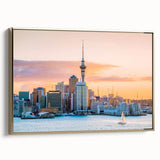 Landscape painting of Auckland's skyline on framed canvas, featuring muted earth tones and vintage style.
