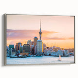 Landscape art painting of Auckland skyline with vibrant colors on a framed canvas, ideal for office decor.