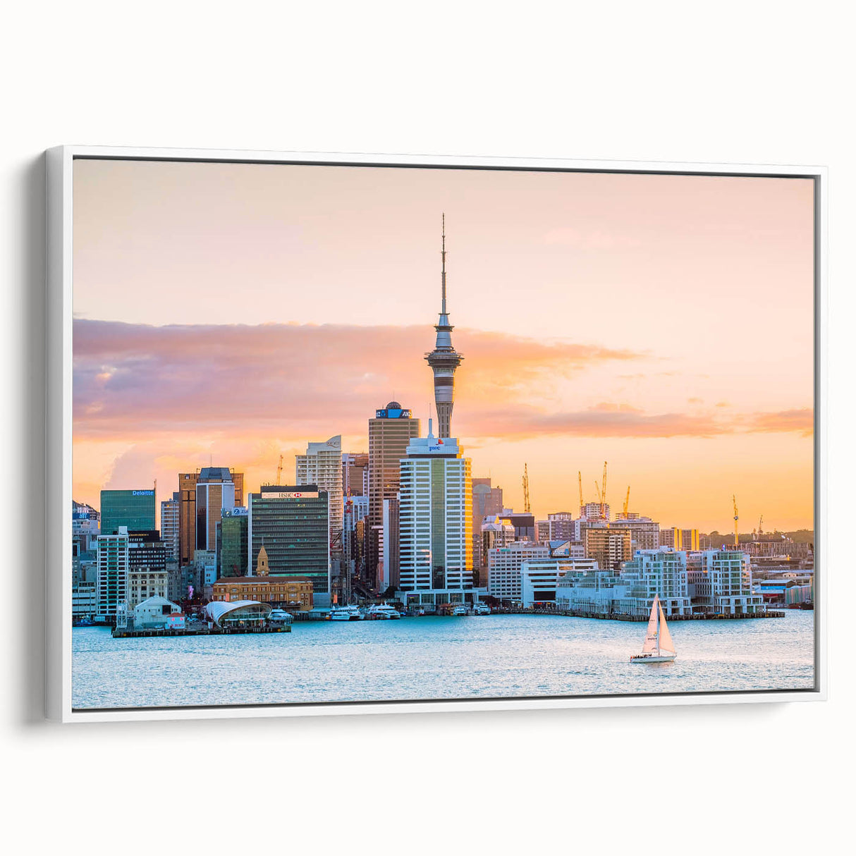 Vintage poster art of Auckland skyline in vibrant colors on a large framed canvas, ideal for living room decor.