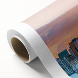 Art deco poster of Auckland skyline in pastel shades on rolled canvas, ideal for nursery wall art.