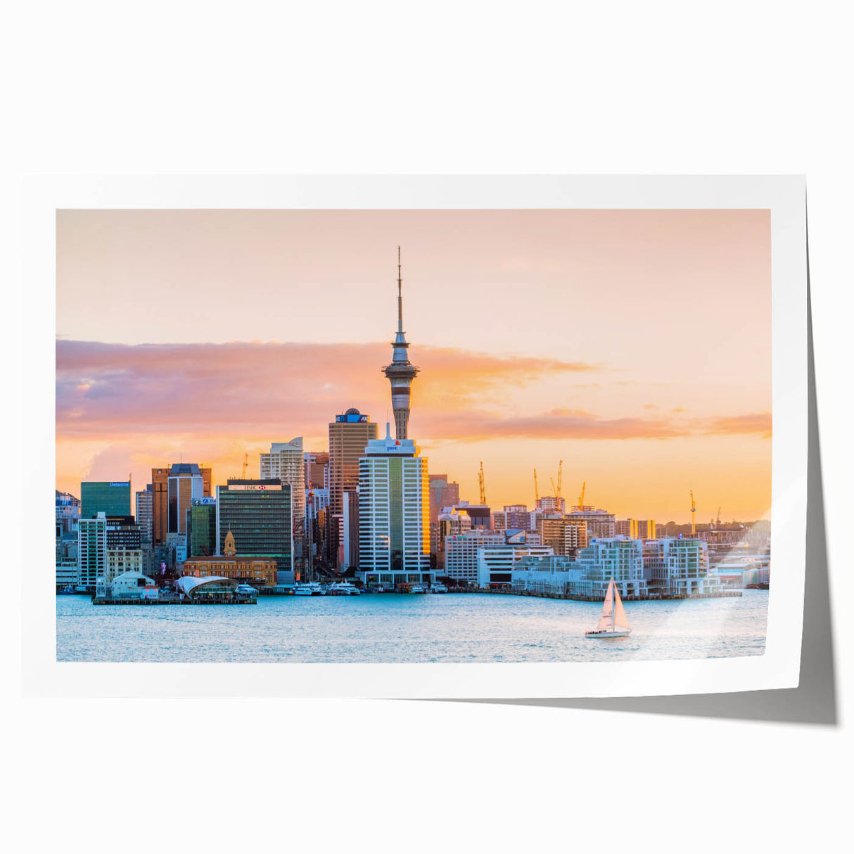 Large rolled print of Auckland skyline featuring muted blue and gray tones, ideal for art wall dining room.