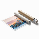 Large rolled canvas print featuring Auckland skyline with soft pastel shades, ideal for classy bathroom wall art.
