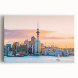 Black and white photo of Auckland skyline on large stretched canvas, ideal for kitchen art.