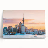 Black and white panoramic view of Auckland skyline on stretched canvas, suitable as kitchen wall art or for bedroom ambiance.