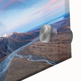 Large abstract wall art of Canterbury, New Zealand in muted earth tones on acrylic glass, suitable for dining room ambiance.