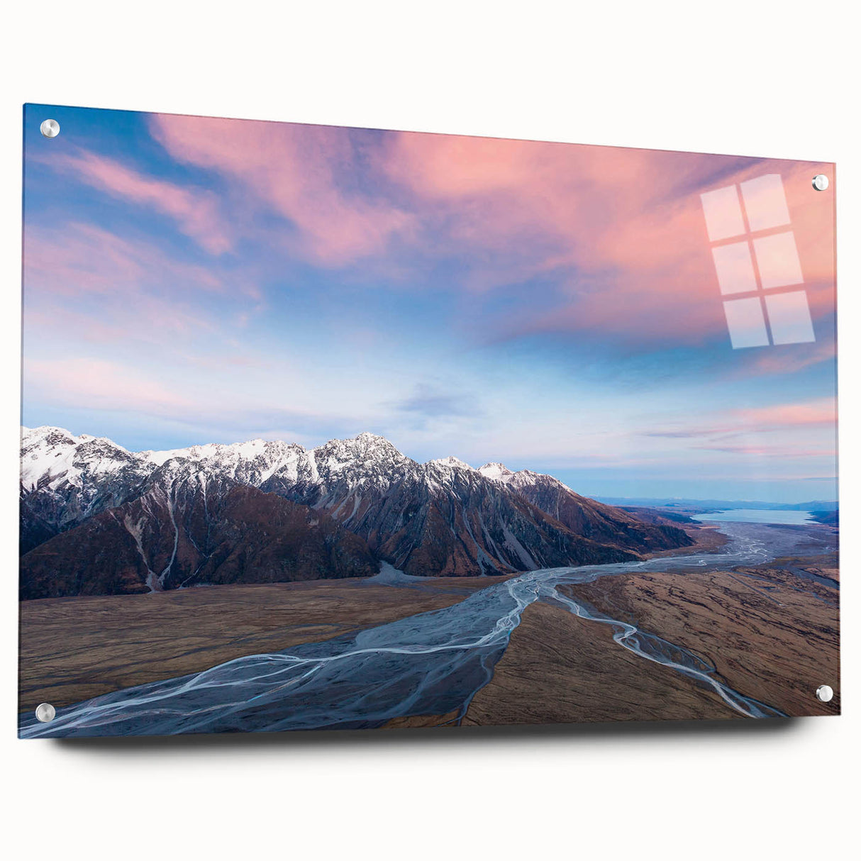 Large abstract wall art depicting Canterbury, New Zealand in muted earth tones on acrylic glass.
