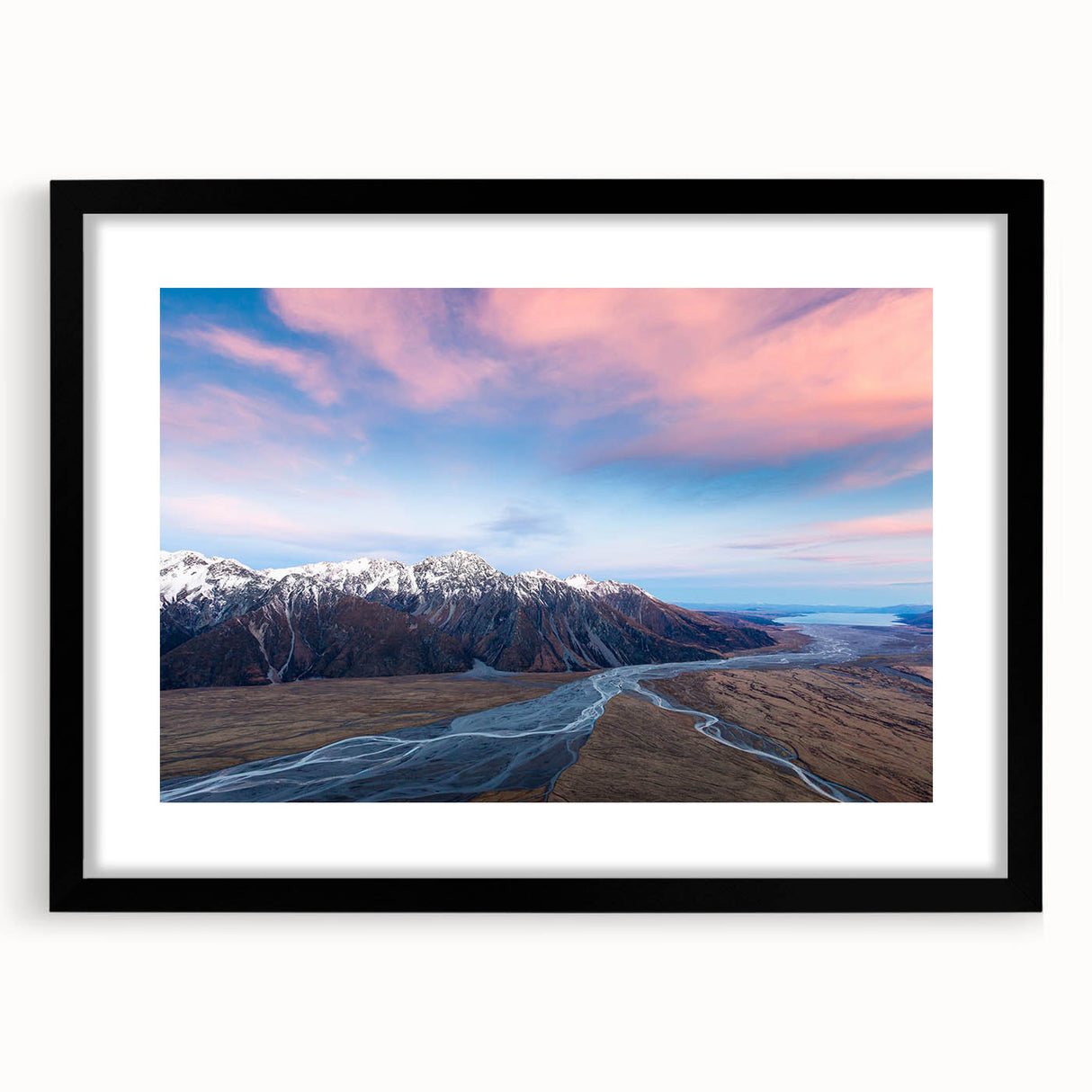 Extra large abstract art print of a vibrant, colorful Canterbury, New Zealand scenery on textured canvas, framed in black.