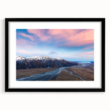 Extra large abstract art print of a vibrant, colorful Canterbury, New Zealand scenery on textured canvas, framed in black.