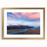 Extra large abstract art print of Canterbury, New Zealand landscape in textured gold frame, ideal for living room decor.