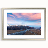 Textured art of abstract New Zealand Canterbury landscape in muted earth tones on a framed silver mat, ideal for bedroom art.