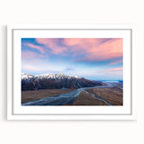 Abstract art print of Canterbury, New Zealand with soft blue and green tones on a white-framed canvas.