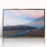 Art deco poster of Canterbury, New Zealand scenery in pastel tones on framed acrylic, ideal for modern nursery decor.