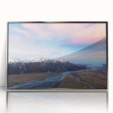 Large art print of Canterbury, New Zealand scenery on silver-framed acrylic, showcasing mid-century modernist style.