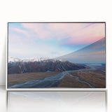 Mid-century modernist art of Canterbury, New Zealand scenery in muted earth tones on a framed acrylic.