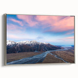 Landscape art painting of Canterbury, New Zealand in colorful hues on a framed canvas, ideal for modern living room decor.