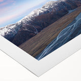 Art deco poster of Canterbury, New Zealand scenery on rolled canvas, featuring muted earth tones.