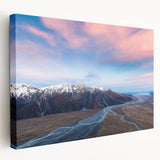 Large art canvas featuring a detailed New Zealand Canterbury landscape in natural green and blue tones.