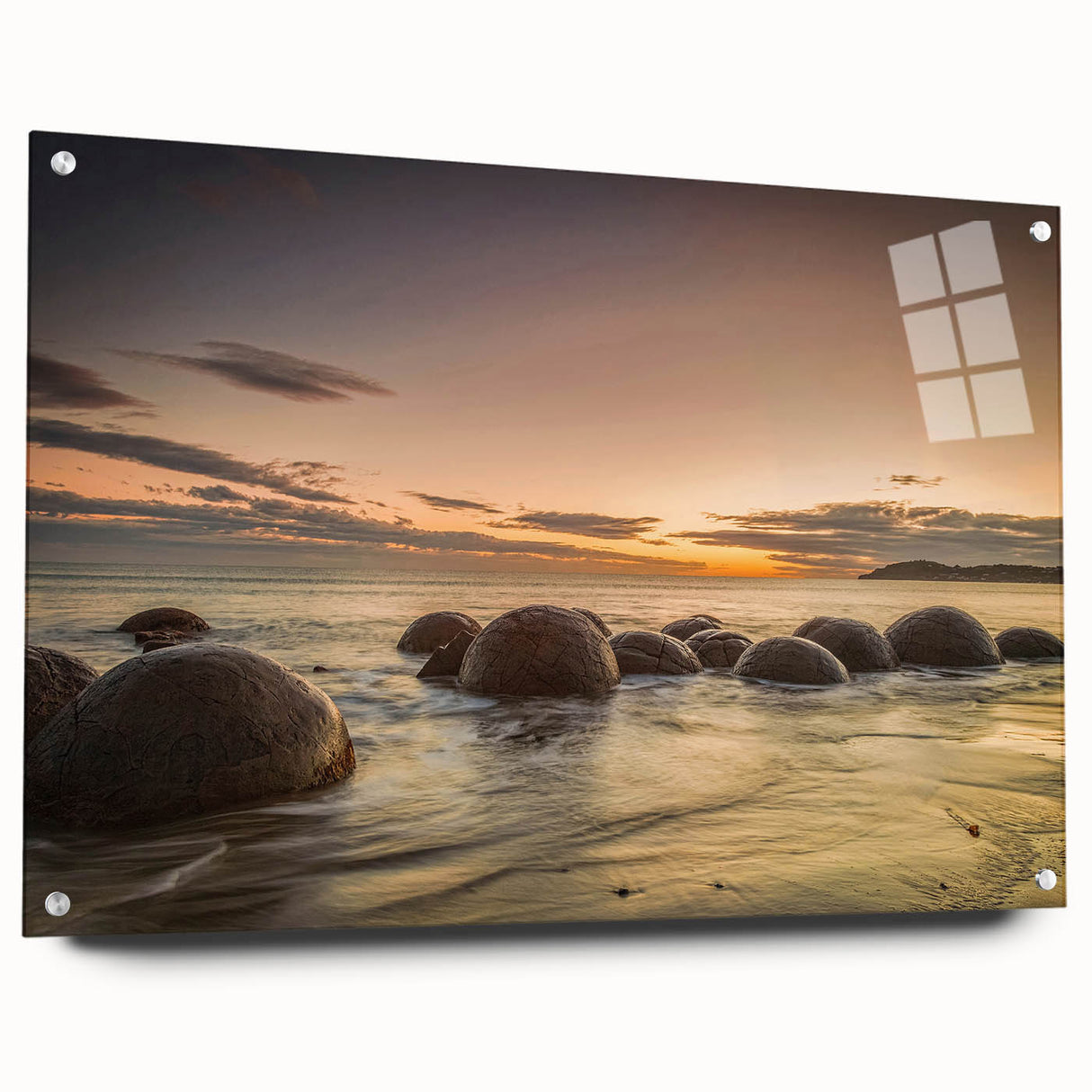 Acrylic print of a large abstract depiction of Otago, New Zealand, in muted earth tones.
