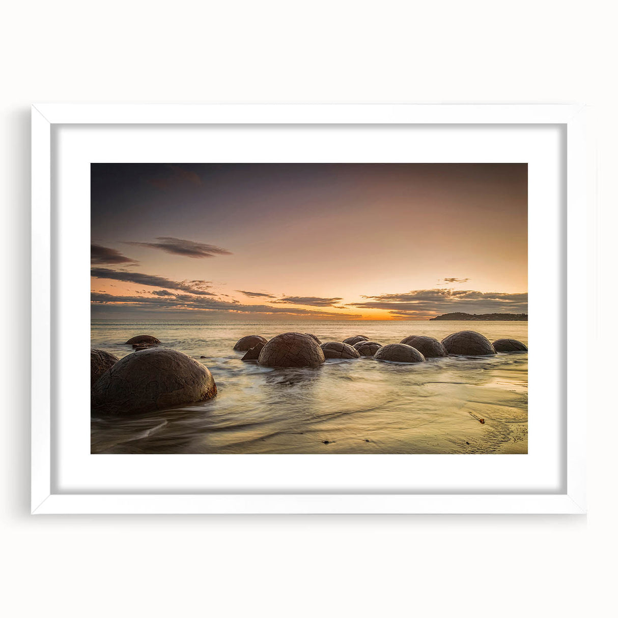 Abstract art print depicting the Otago, New Zealand scenery in muted earth tones, framed in white.