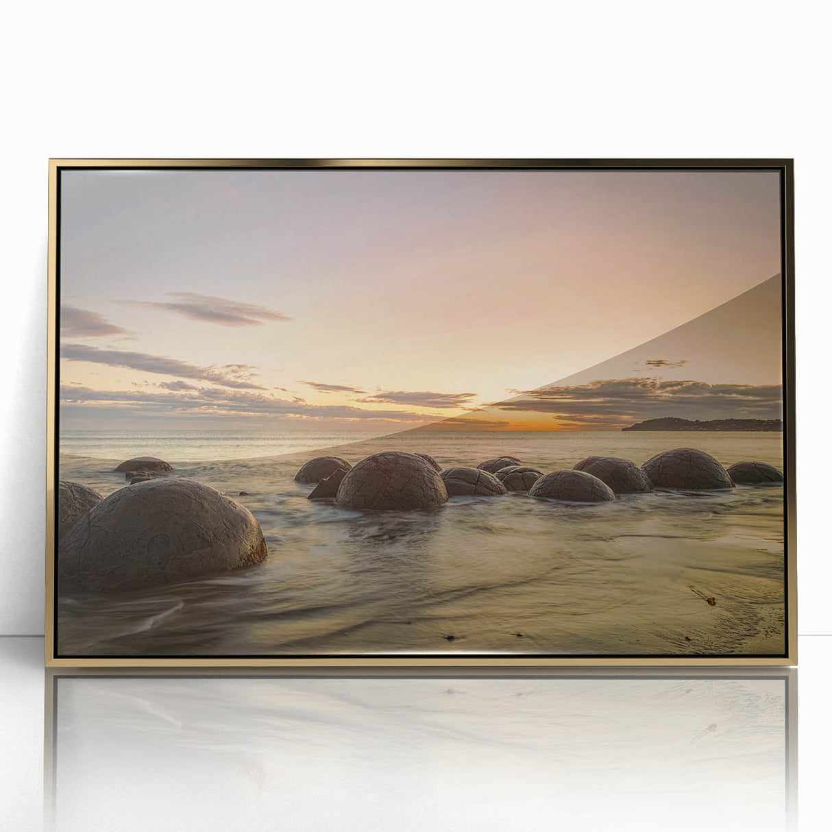 Large art print of Otago, New Zealand landscape in gold frame, featuring mid-century modernist style.