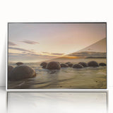 Framed acrylic print of Otago, New Zealand scenery in art deco style, with muted earth tones.