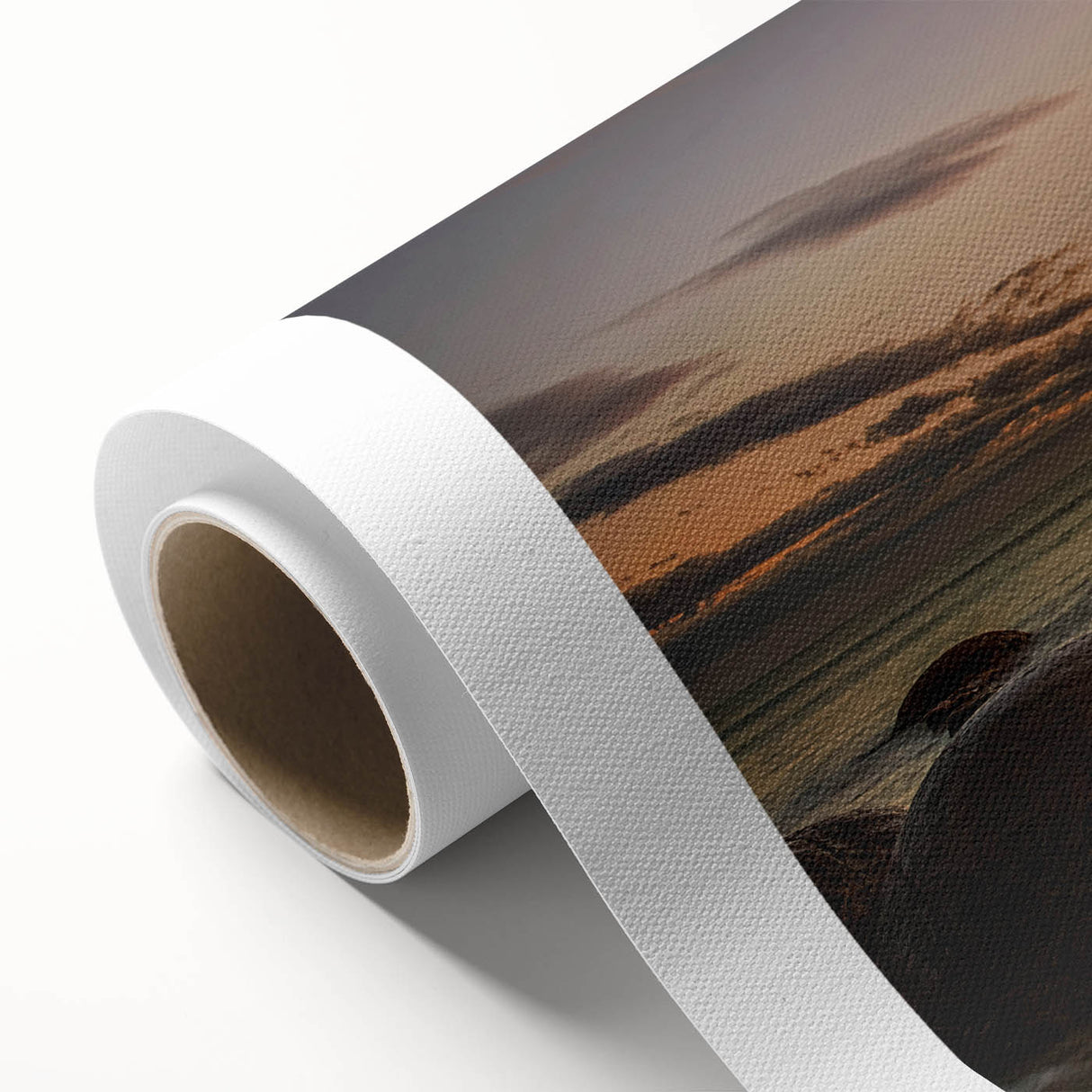 Art deco poster of Otago, New Zealand scenery on rolled canvas, with muted earth tones, ideal for nursery wall art.