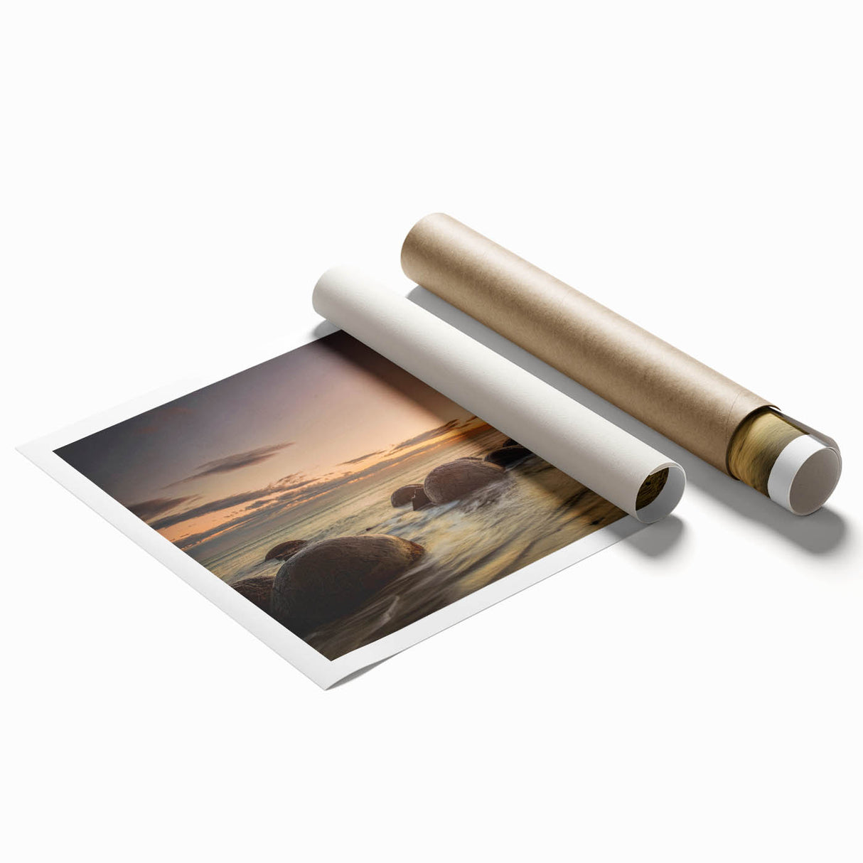 Extra large rolled print of Otago, New Zealand scenery with floral elements in serene blue and green tones.