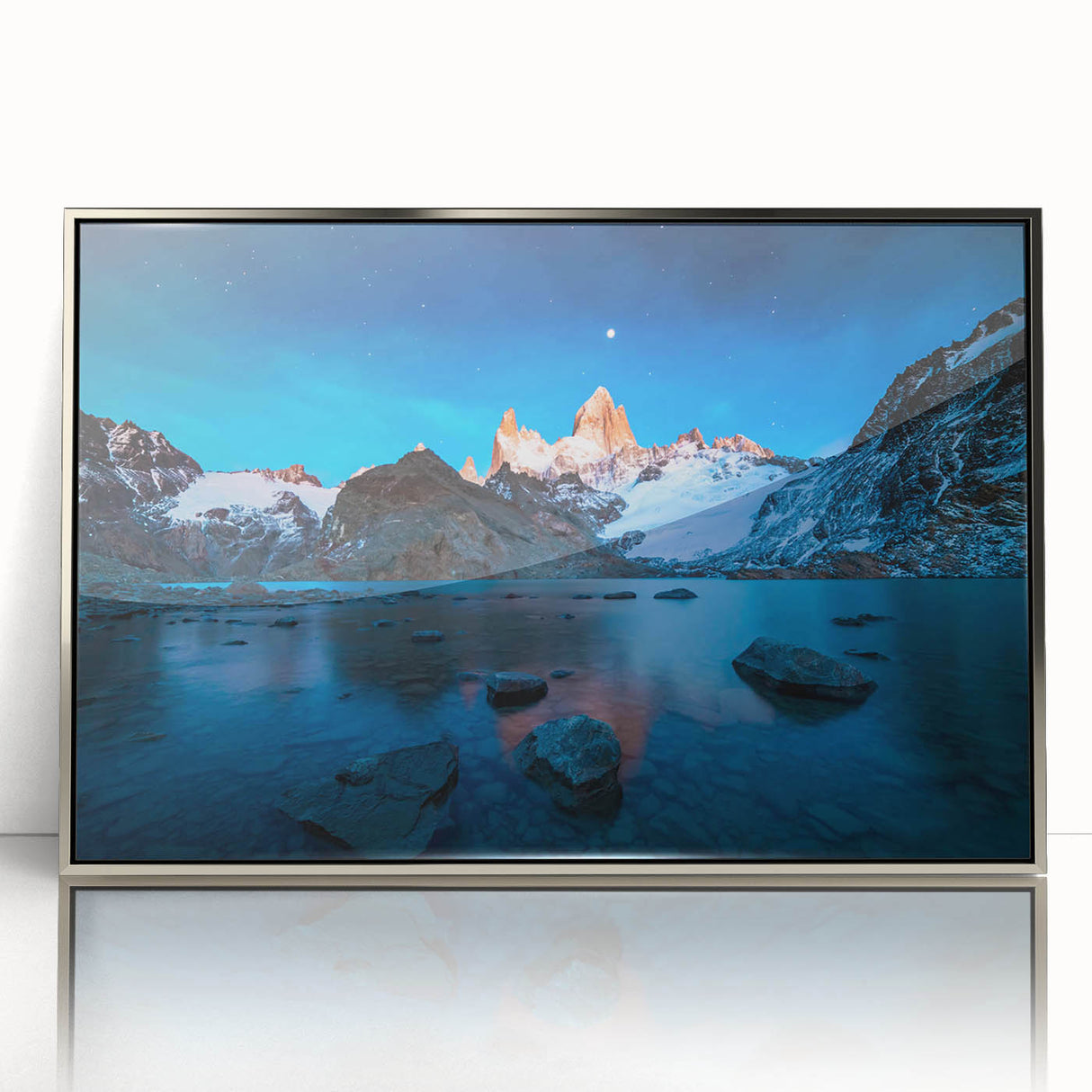 Mid-century modernist art of a serene Argentine landscape in muted earth tones, framed acrylic, ideal for nursery wall art.