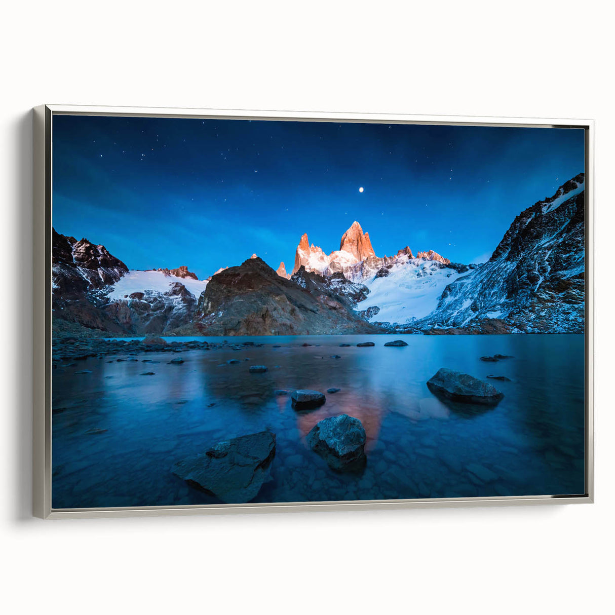 Framed canvas featuring a vintage-style landscape painting of an Argentine scenery in colorful tones.