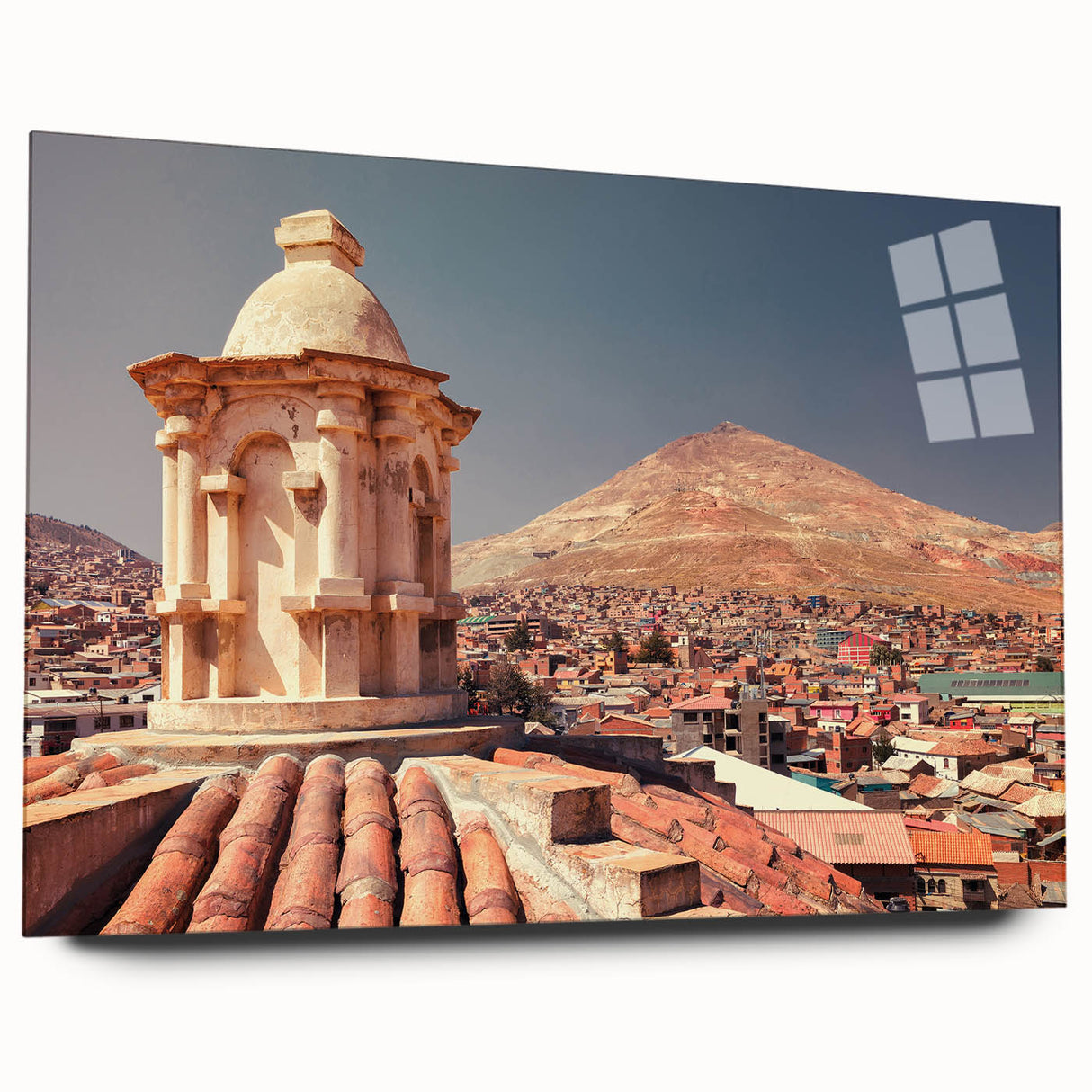 Abstract landscape of Bolivia in muted earth tones on large acrylic glass, suitable for bedroom or dining room decor.