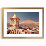 Extra large abstract art print depicting a textured Bolivian landscape in earthy tones, framed in gold.