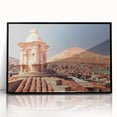 Large abstract wall art depicting a Bolivian landscape in vibrant earth tones, framed in black acrylic.