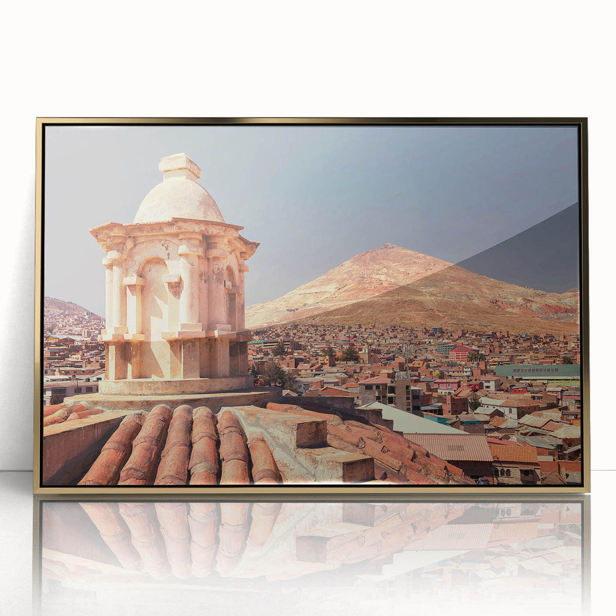Mid-century modernist art of a Bolivian landscape on a framed acrylic print, featuring earthy tones.