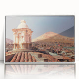 Art deco poster of a Bolivian landscape in muted earth tones on a framed acrylic print, suitable for modern art wall decor.