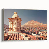 Landscape art painting of a Bolivian scene on framed canvas, featuring vibrant colors with a vintage poster style.