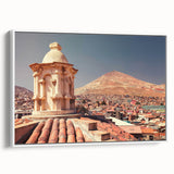 Vintage poster art of a Bolivian landscape on a framed canvas, featuring vibrant colors, ideal for living room decor.