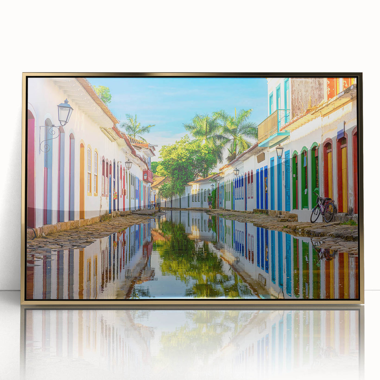 Framed acrylic print of a mid-century modernist Brazilian landscape in earth tones, ideal for modern art wall decor.