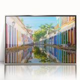 Mid-century modernist art depicting a vibrant Brazilian landscape on a framed acrylic panel, ideal for nursery wall decor.