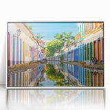 Art deco poster of a Brazilian landscape in pastel shades on framed acrylic, suitable for nursery wall art.