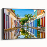 Black and white framed canvas featuring a vintage-style landscape painting of a Brazilian scene, ideal for bedroom wall art.