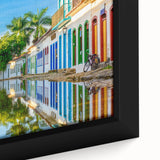 Framed canvas of a textured, colorful Brazilian landscape in black, ideal for living room decor.