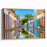 Framed canvas landscape art painting of a Brazilian scene in muted gold and black tones, ideal for bedroom decor.