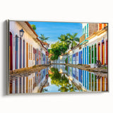 Framed canvas landscape art painting featuring a vintage-style Brazilian scenery in vibrant colors on a black background.