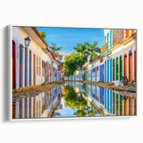 Vintage poster art of a Brazilian landscape on framed canvas, featuring vibrant colors, ideal for living room decor.